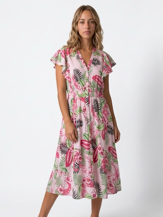 Rafaella Dresses & Skirts - Rafaella Dress Womens M Pink Green Tropical Floral Button Front Midi